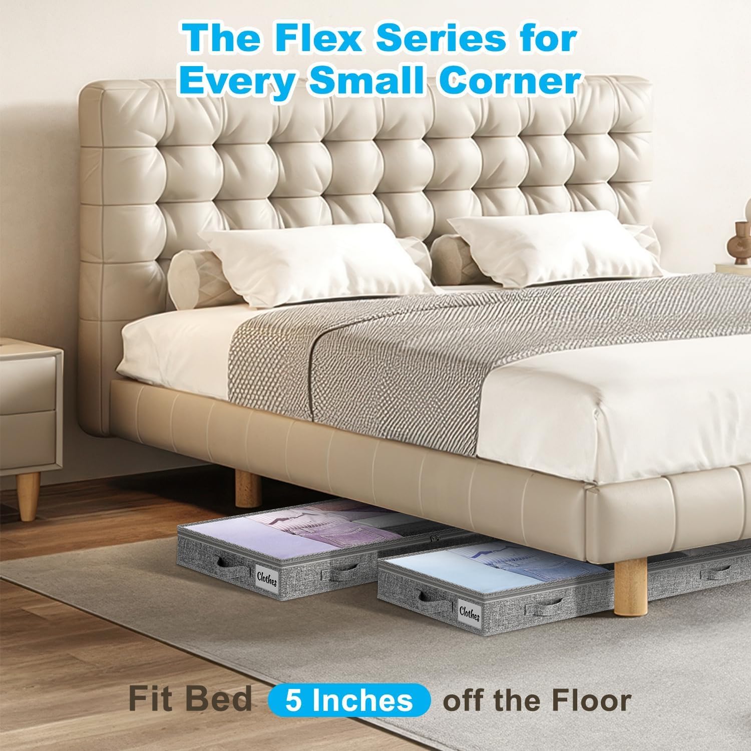 5 Inch Low Profile Under Bed Storage Drawer 2 Pack, Lightweight Underbed Clothes Storage Container Bins With NO STURCTURE, Shallow Storage Bag for Dorm & Home, With Clear Lids & Water-Resistant Fabric
