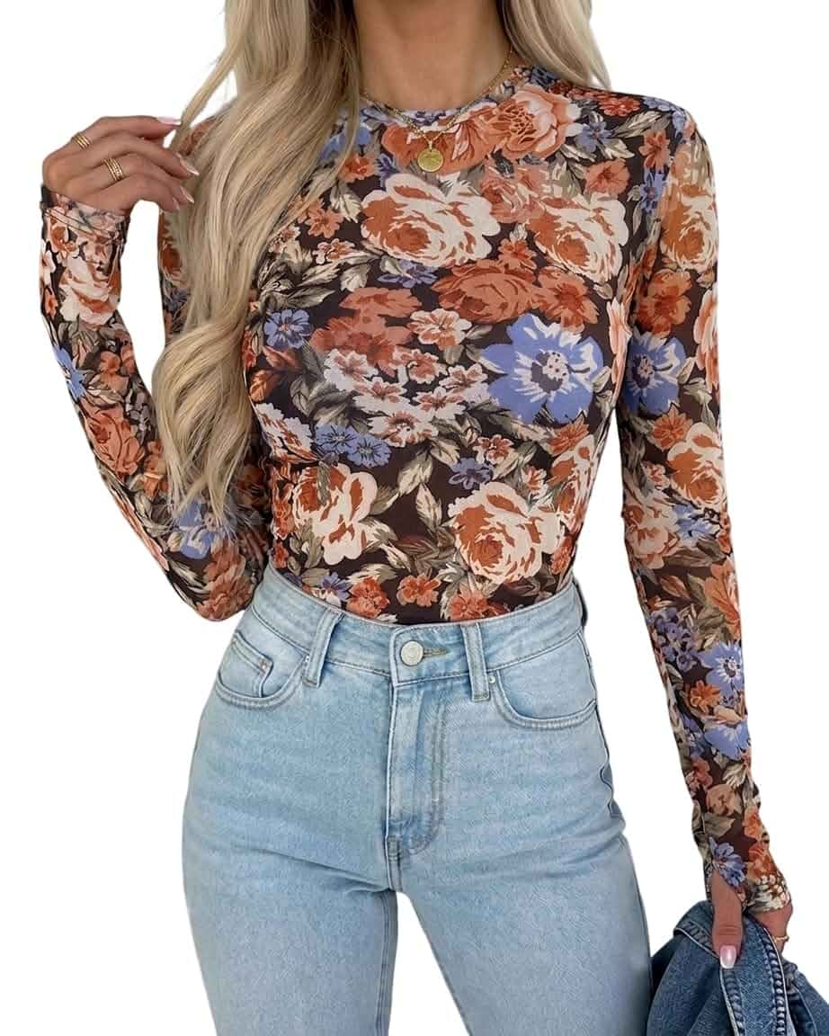 CHICME Womens Mesh Long Sleeve Top Sheer Going Out Shirt Floral Print, See-Through Stretchy Fabric, Crew Neck with Thumbholes, Perfect for Party, Concerts and Early Fall Layering