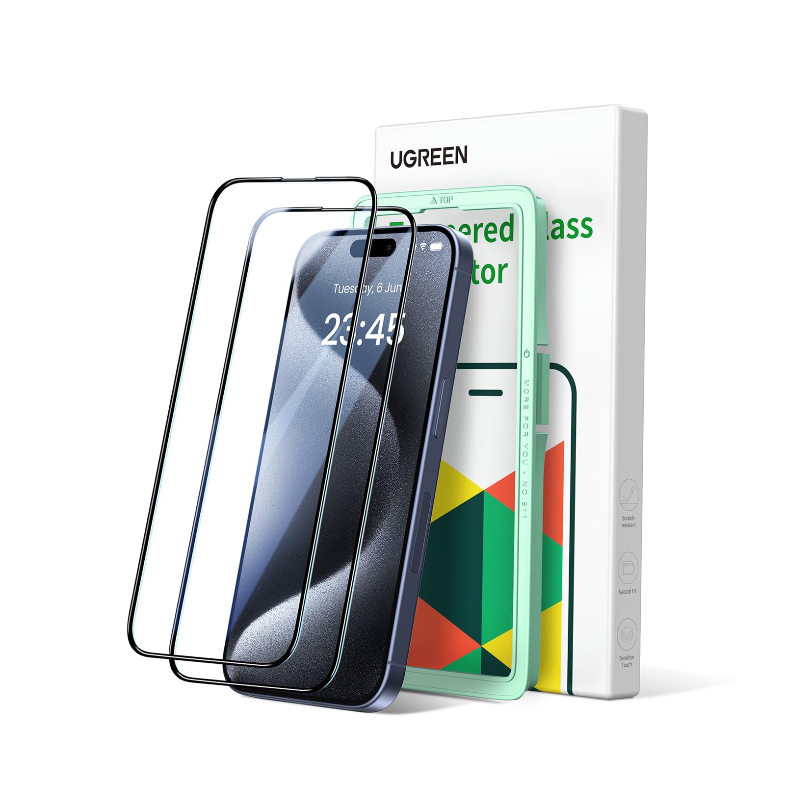 UGREEN iPhone 15 Pro Screen Protector 6.1'' 1:1 Full Coverage Military Grade Drop Protection HD Clear 9H Easy to Install iPhone 15 ProTempered Glass Screen Protector Fit for Most Cases 2 Pack