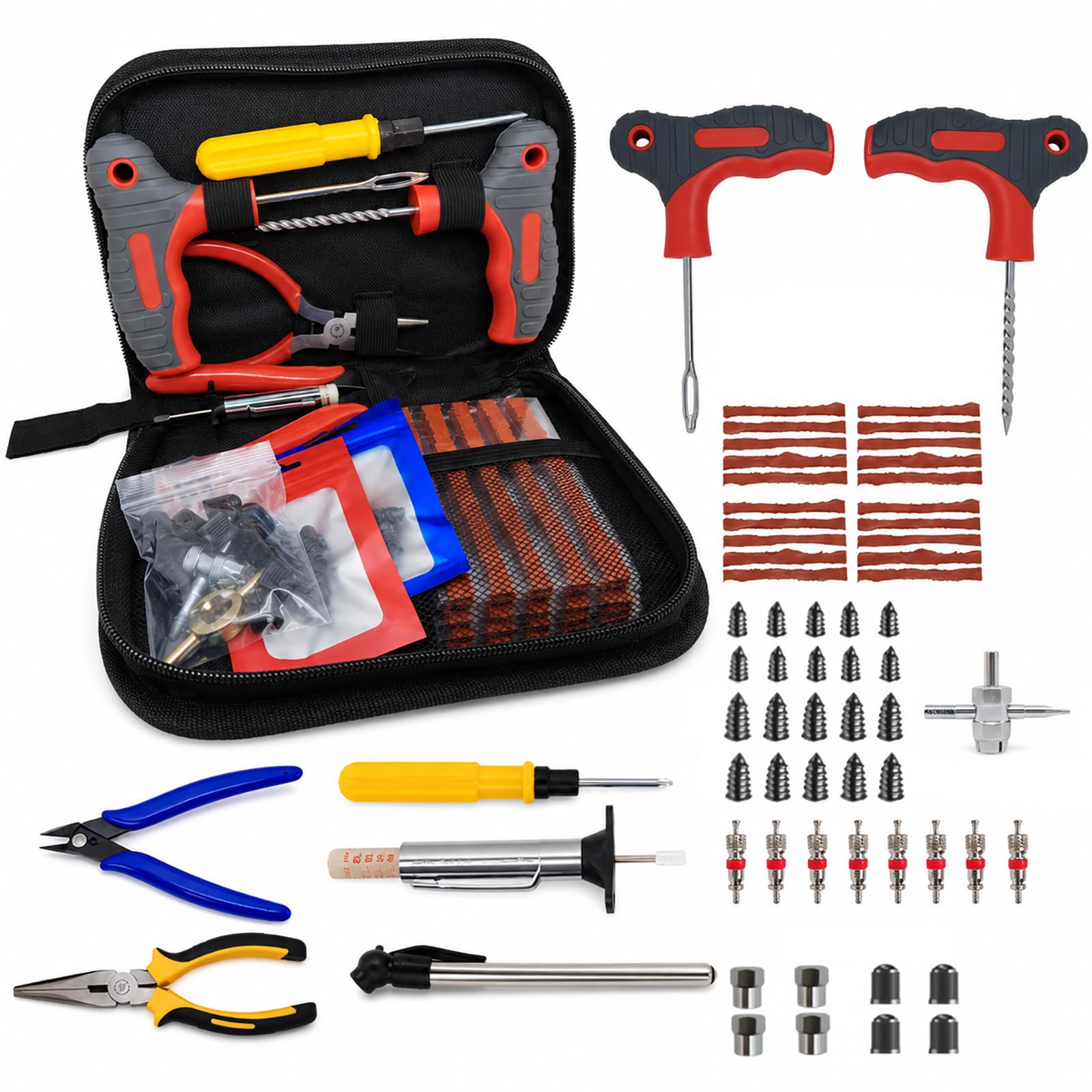 65 Piece Tyre Repair Kit, Tubeless Car Puncture Kit with Pressure Gauge Set