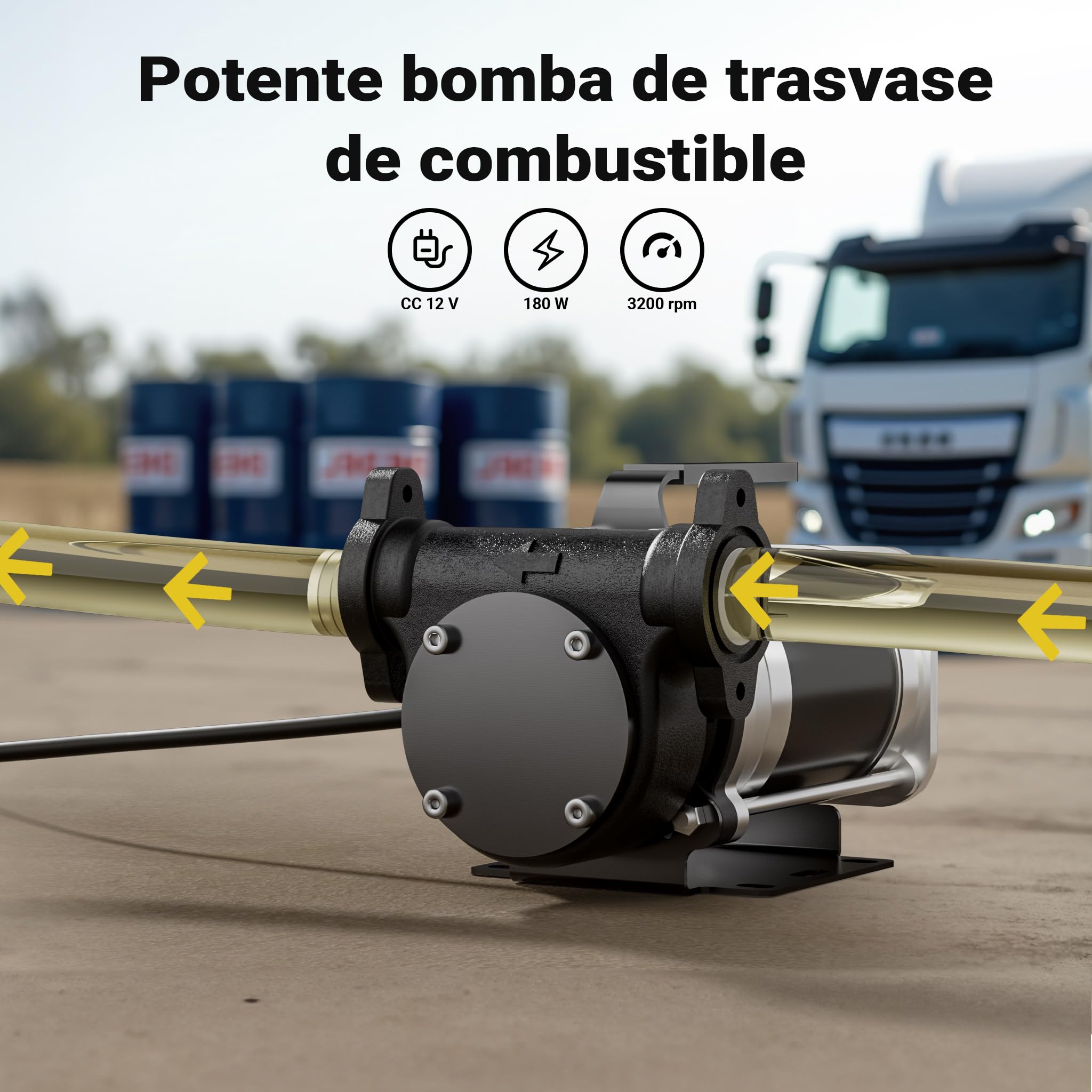 Wiltec Bomba de trasvase gasolina y diésel 12 V, 180 W caudal 57 l/min portátil cable con clips de batería altura máx. 12 m aspiración máx. 2 m autocebante ideal para trasvase desde barriles