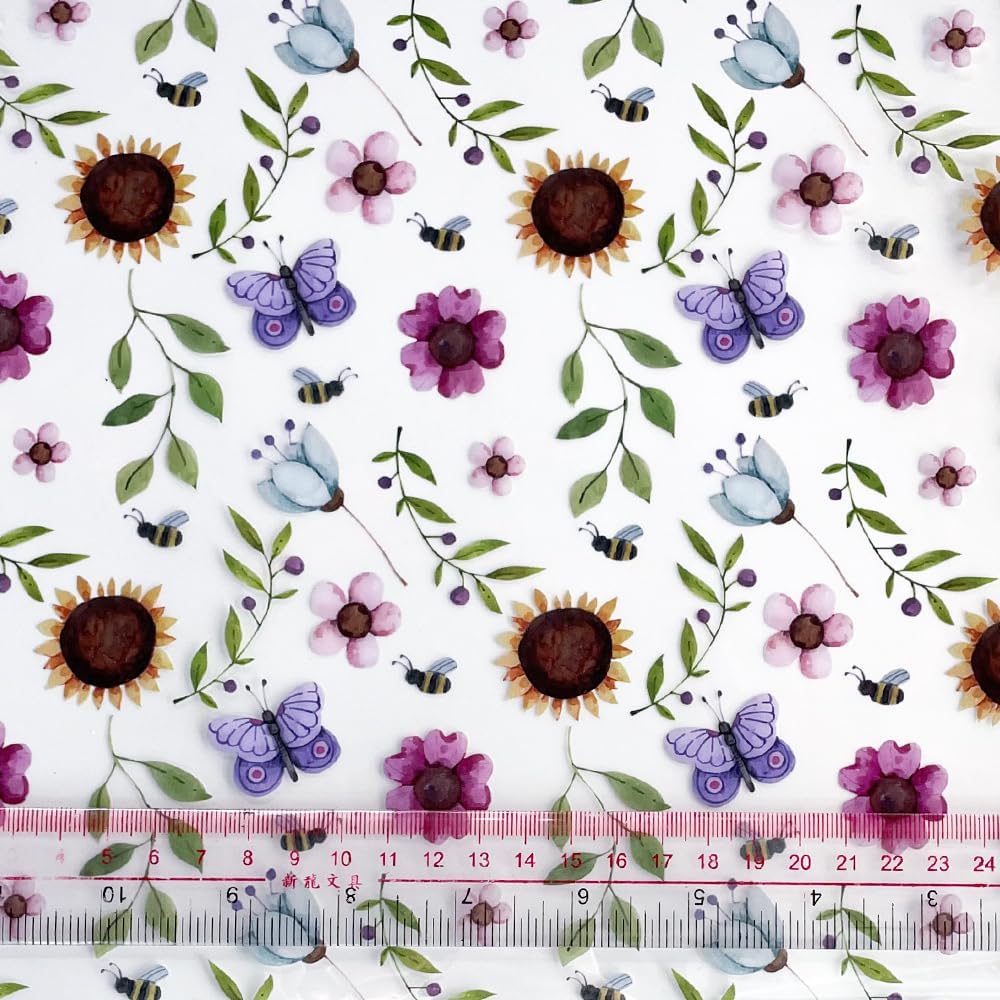ONEART | 12"×54" Sunflower Series Transparent Vinyl Roll, Bees and Flowers Waterproof TPU Fabric for Handbags, Wallets, Quilting