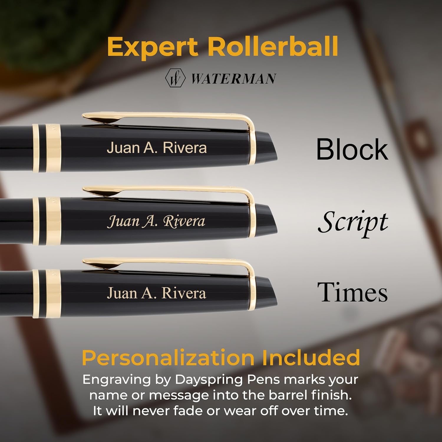 Waterman Expert Rollerball Pen, Black Lacquer with 23K Gold Trim, Custom Engraved — Retirement, Board Recognition, or Executive Gift