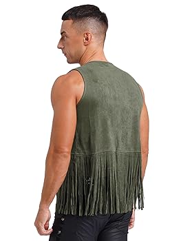 Jugaoge Men Fringe Vest Studded Detail Open Front 70s Hippie