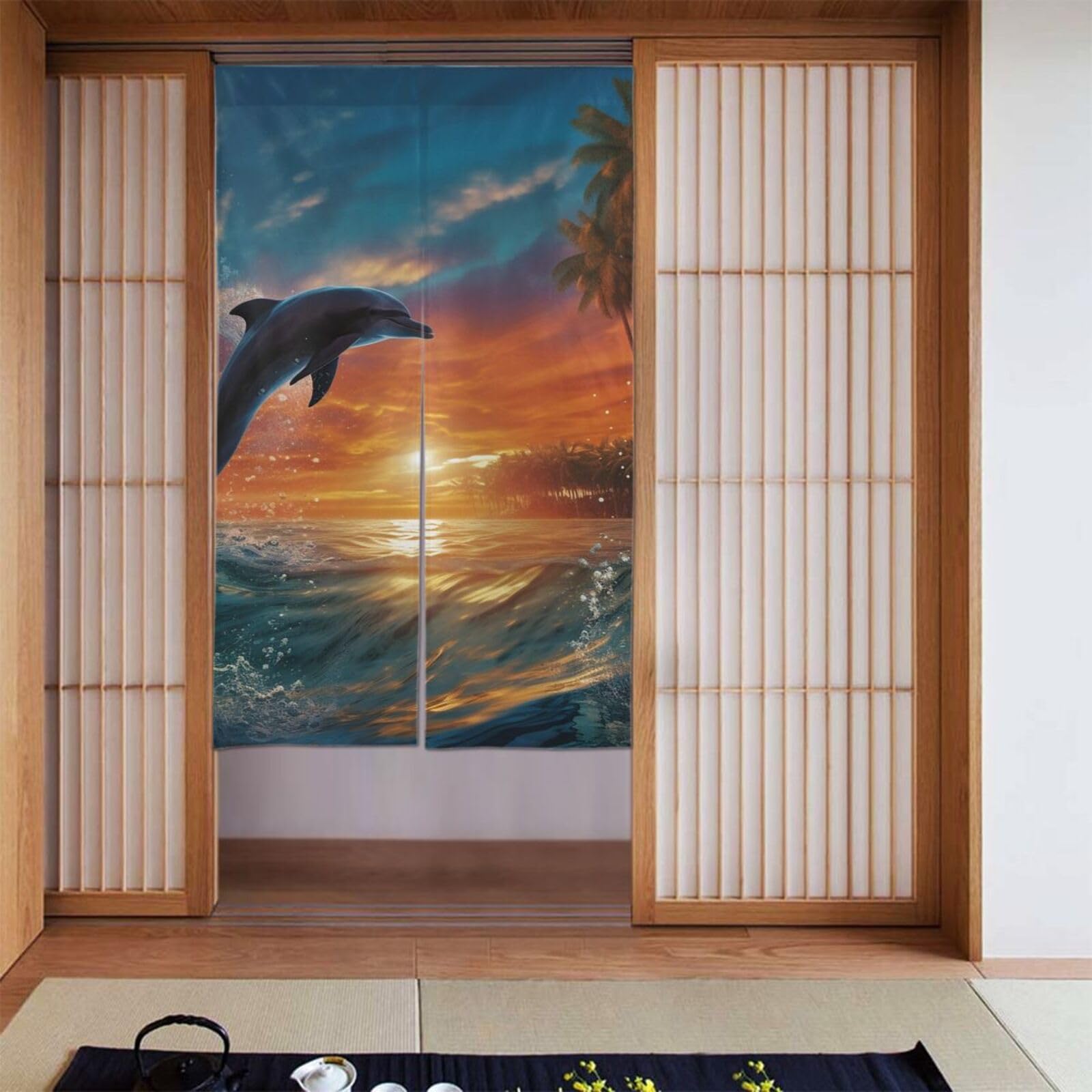 FekiLoot Dolphins and Palm Trees Door Curtain for Doorway Privac,Personalized Blackout Kitchen Curtains Window Treatment 2 Panel Door Curtain Tapestry Hanging Room Divider Home Decor 34"X 56"