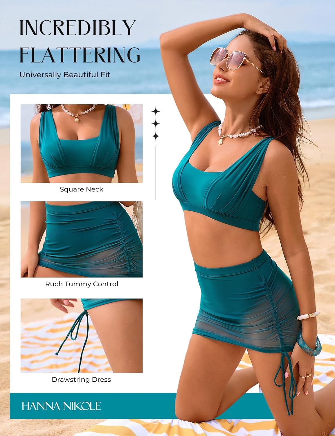 Hanna Nikole Womens High Waisted Swim Skirt, Tummy Control Mesh Bikini Sets, 2 Piece Swimsuit Drawstring Bathing Suits - Image 4