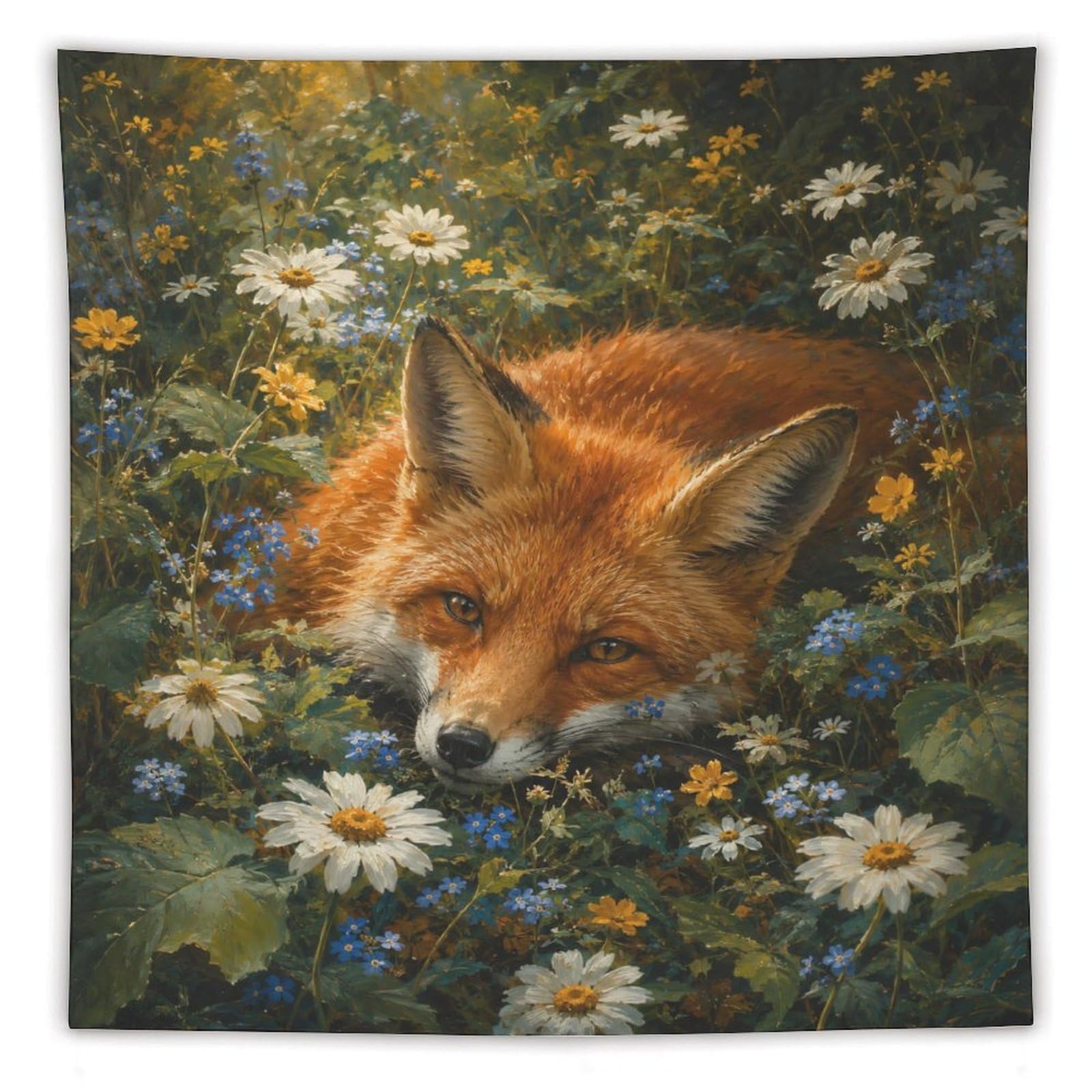 W7C8U2X3 Fox Wildflower Wall Tapestry, Realistic Illustration
