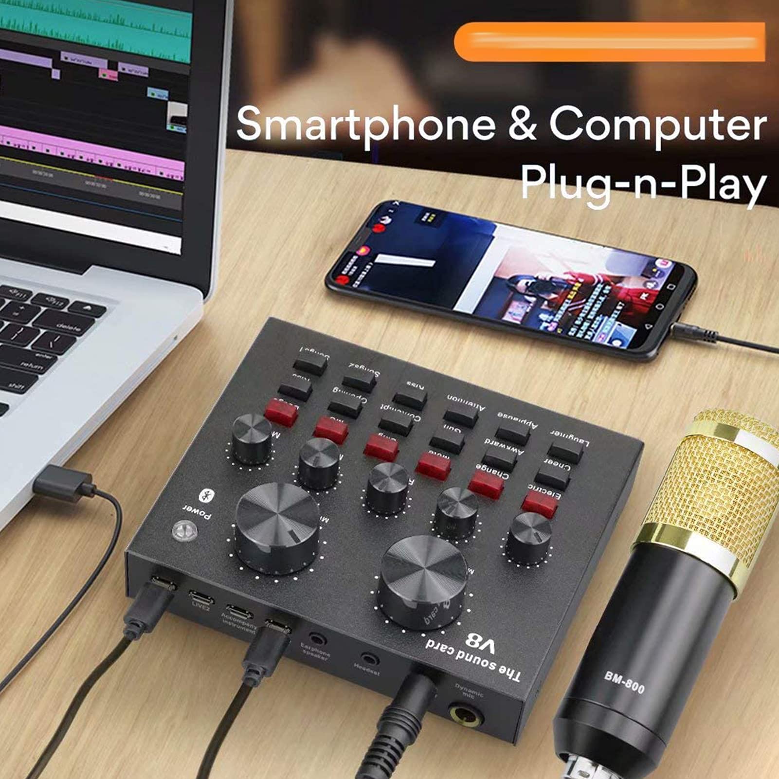 MRKU Pacchetto Microfono a condensatore, Kit Microfono con Scheda Audio Live, Braccio a Forbice con Sospensione Microfono Regolabile, Supporto Antiurto in Metallo e Filtro Anti-Pop a Doppio Strato