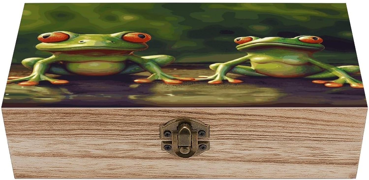 Funny Green Frogs Bins Solid Wood Jewelry Box