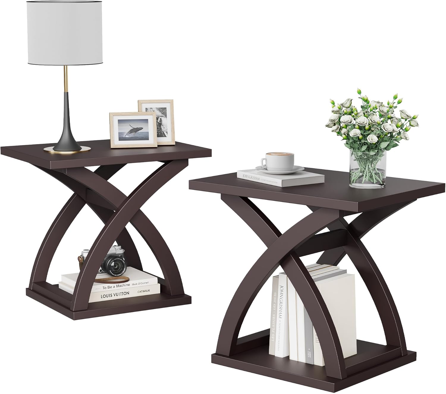 ChooChoo End Side Table Set of 2, Modern End Table with Storage Shelf, X-Design Side Table Living Room (Espresso)