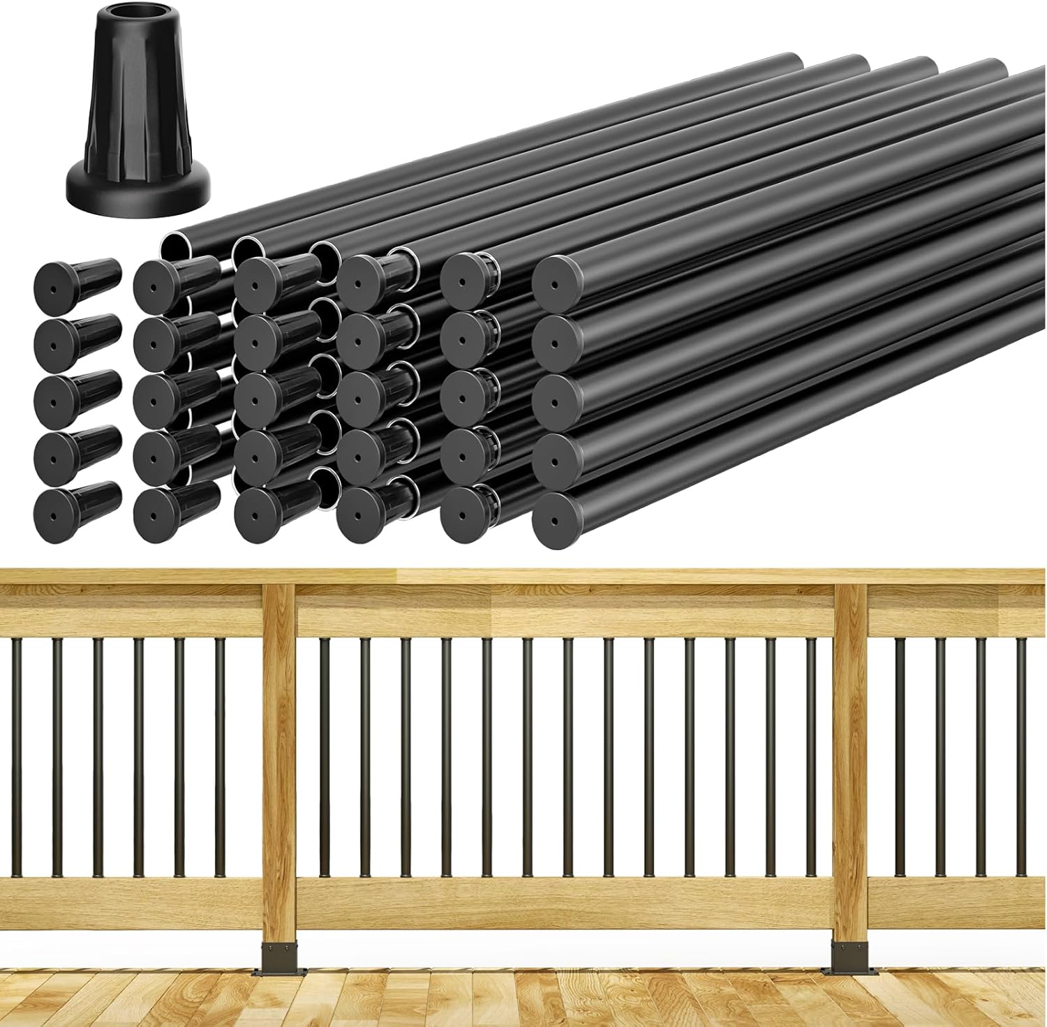 29" Round Aluminum Balusters for Deck Railing, Hollow Deck Spindles with Screws for Railing Fencing, Metal Deck Balusters with Connectors(30 Pack Black)