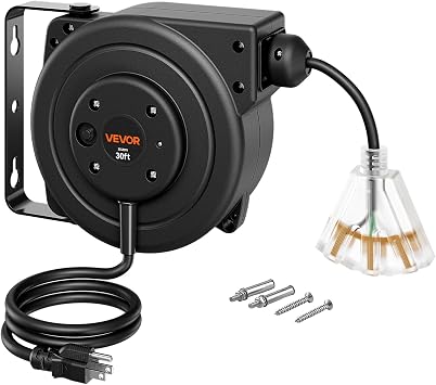 VEVOR 30FT Retractable Extension Cord Reel Heavy Duty 16AWG/3C SJTOW Black