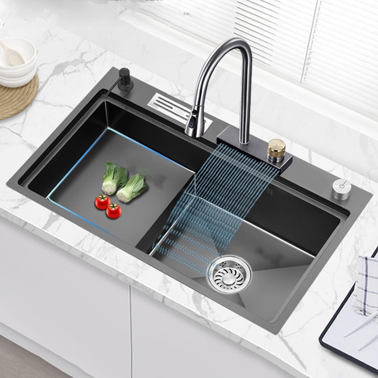WBJGUOD Stainless Steel Waterfall Kitchen Sink - Single Bowl Drop-in or Undermount for Courtyard & Office, Includes Faucet Drain Strainer(Black,75X45Cm)