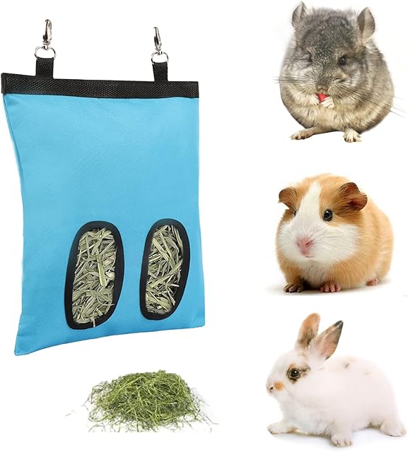 Kaket Rabbit Hay Feeder Bag, Guinea Pig Hay Feeder with Swivel Hooks, Hanging Feeder Bag for Rabbit, Guinea Pig, Chinchilla (Blue)