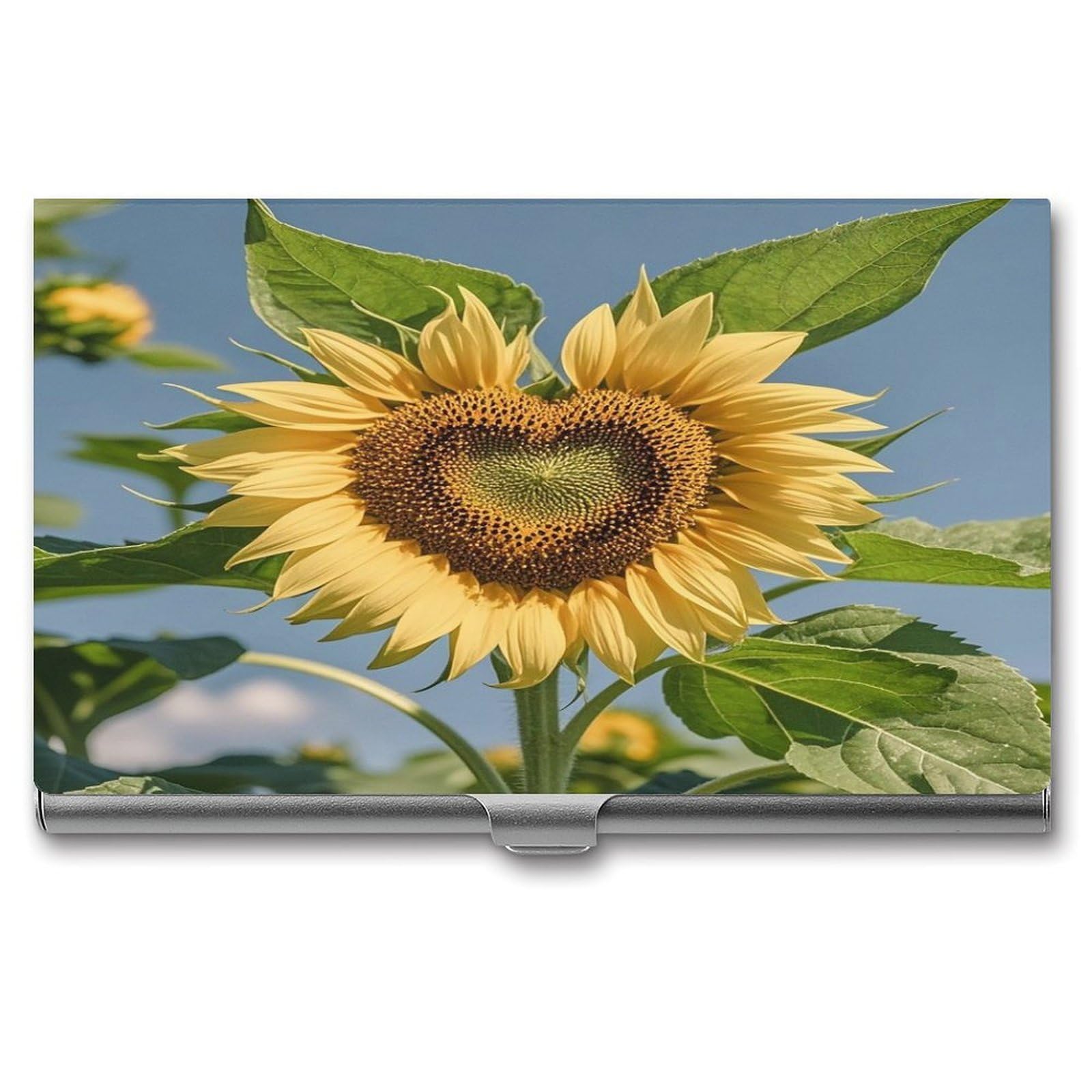 FekiLoot Heart Shaped Sunflower Business Card Holder Aluminum Alloy Business Card Case Convenient to Carry Business Card Dispenser for Men Women