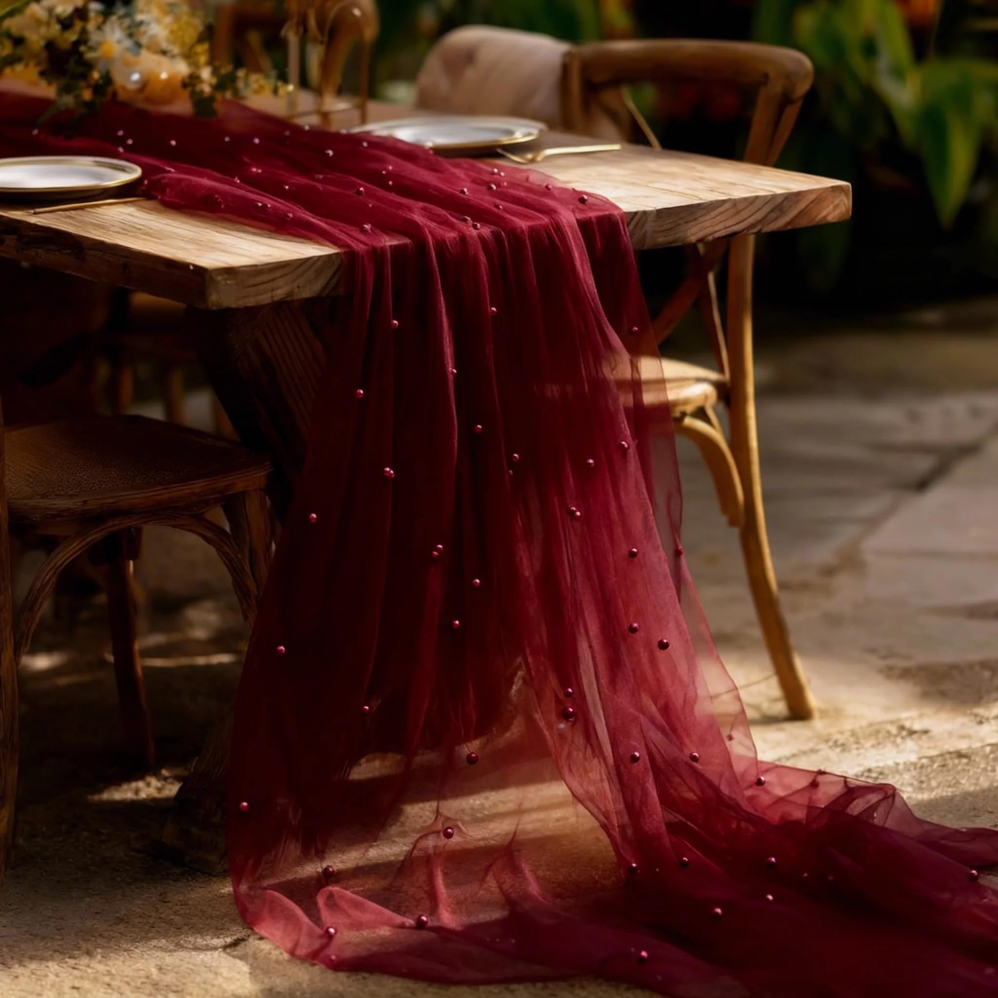 An Extra long Burgundy Pearl-embellished Tulle Table Runner For Weddings, Bridal Parties Holiday Decorations