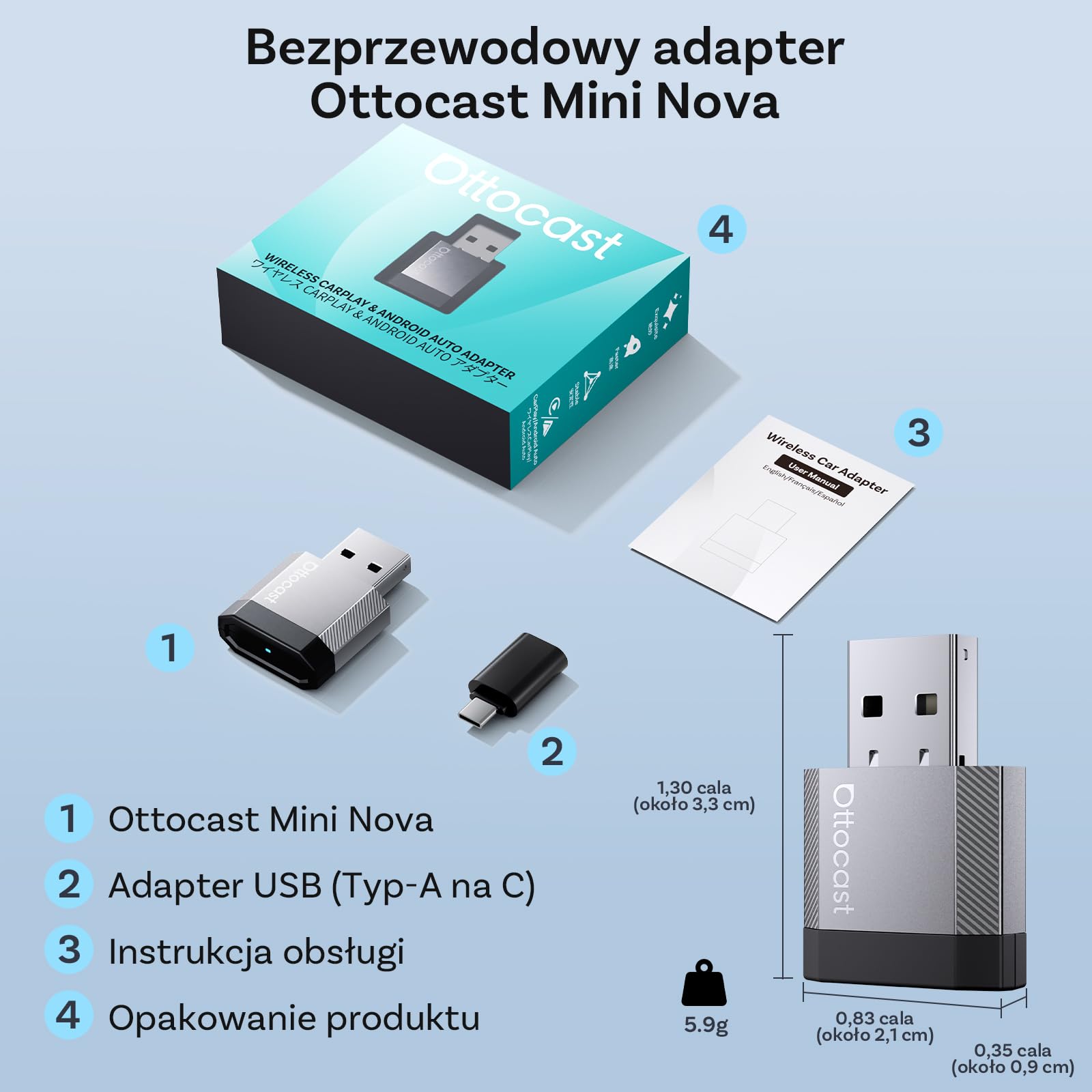 OTTOCAST 2 w 1 Bezprzewodowy CarPlay i Android Auto Adapter, Mini Nova 2026 Ultra-Kompaktowy Adapter Wireless, Obsługuje ChatGPT Gemini, Plug & Play do Samochodów z Przewodowym CarPlay/Android Auto