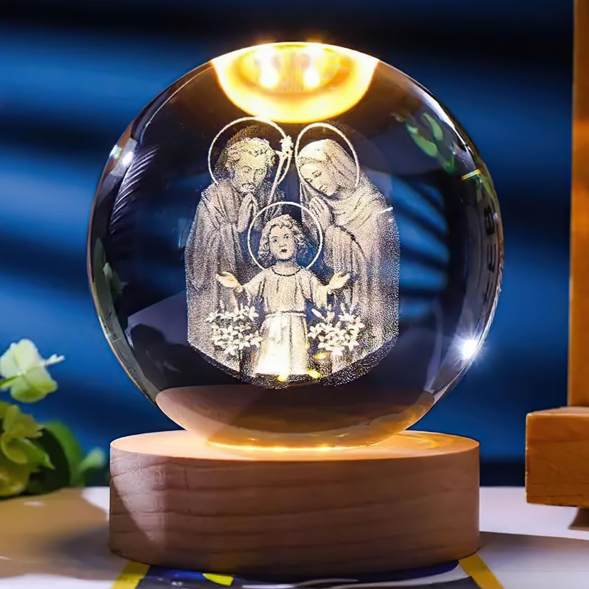 Jesuspirit - Christian Decor, Wooden Light Base Crystal Ball Night Light, Home Decor - Christian Gifts for Men and Women (Catholic Holy Family)