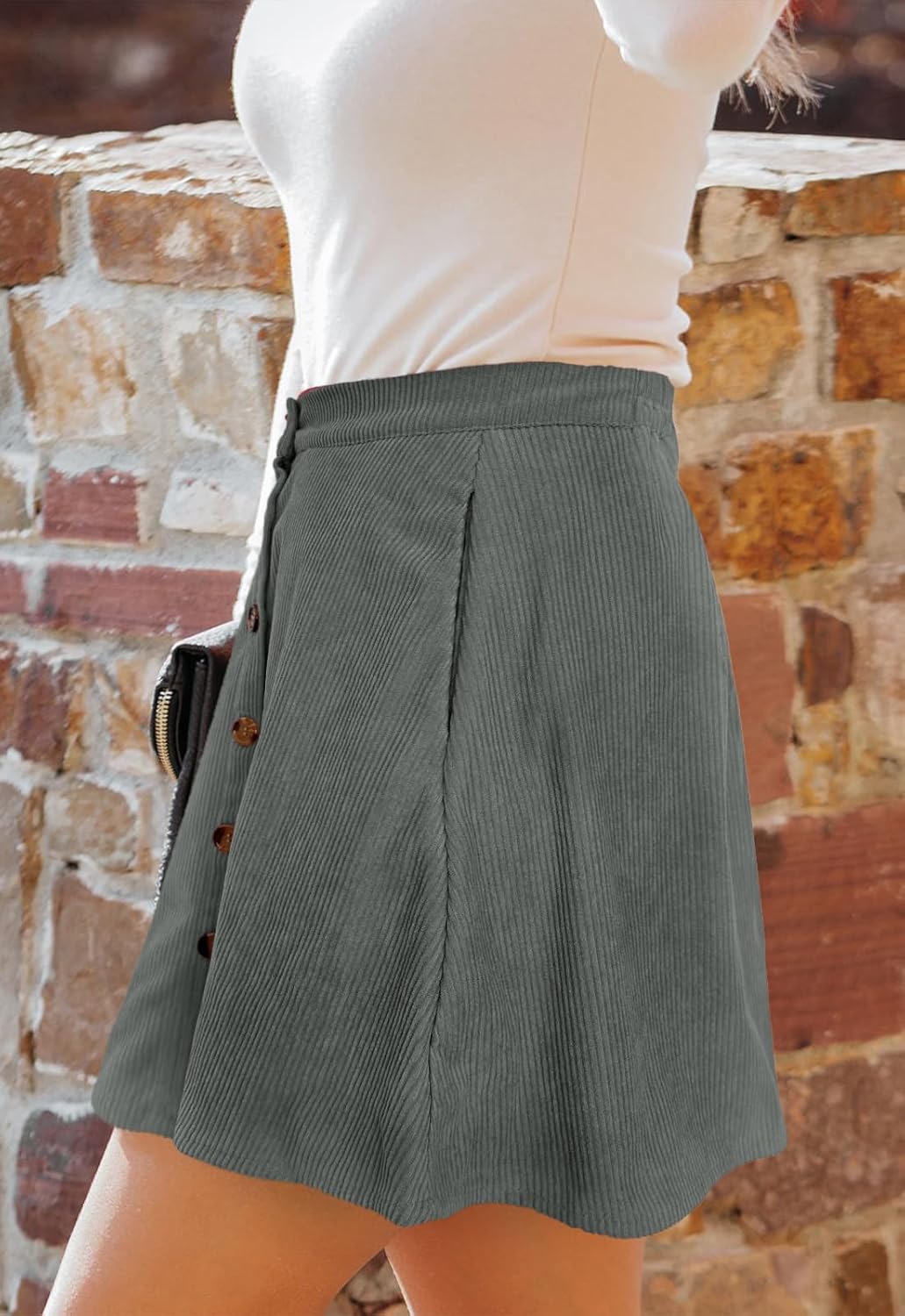 Women’s Button Front Mini Skirt A-line Pleated Corduroy Skater Skirts for Women with Pocket - Image 2