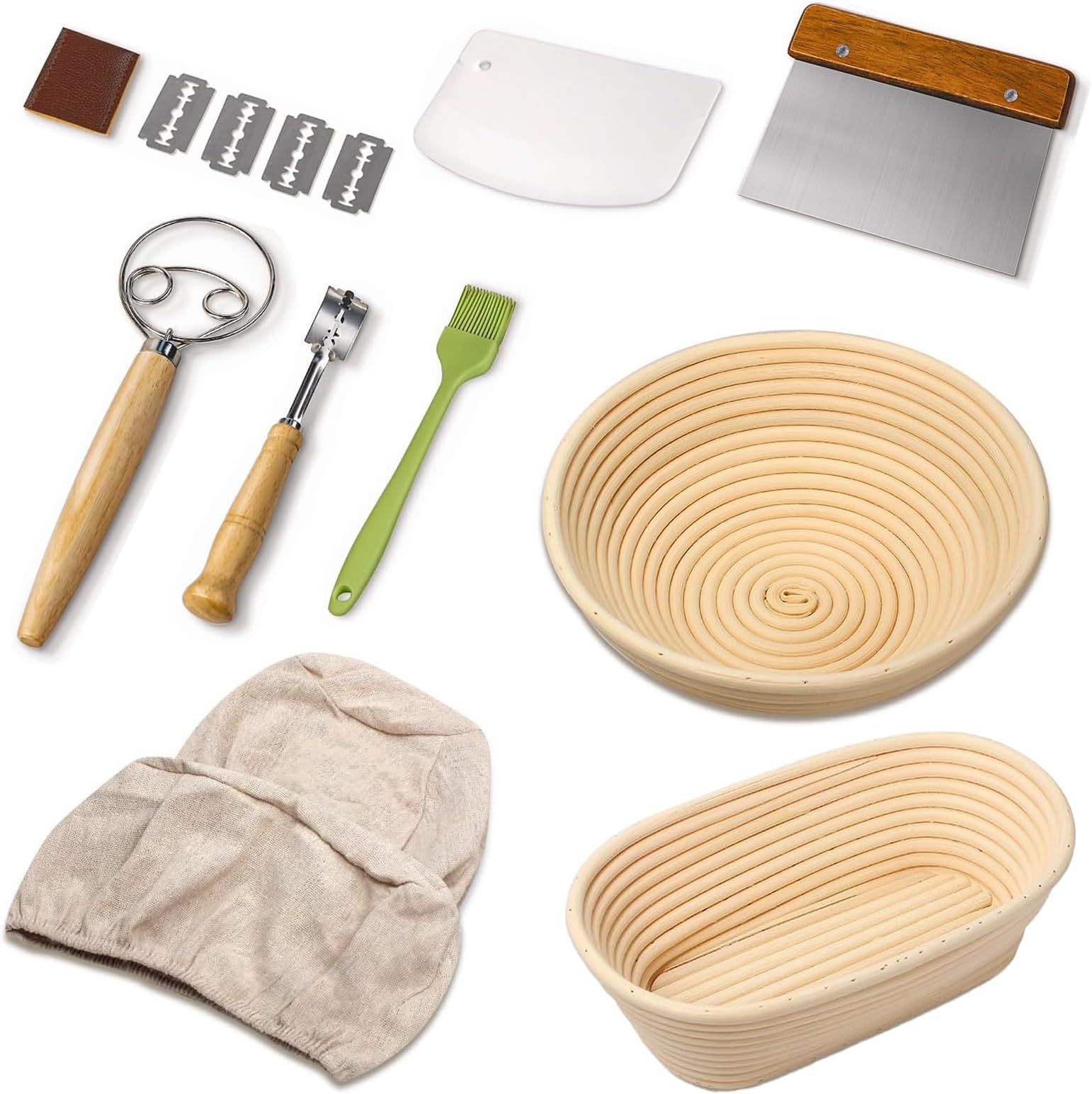 Sourdough Starter Kit | 9 Inch Round Cane Sourdough Baskets with Dough Scraper, Bread Lame, Whisk & Silicone Brush | Natural Indonesian Rattan Bread Baking Accessories | Boxed Baking Supplies