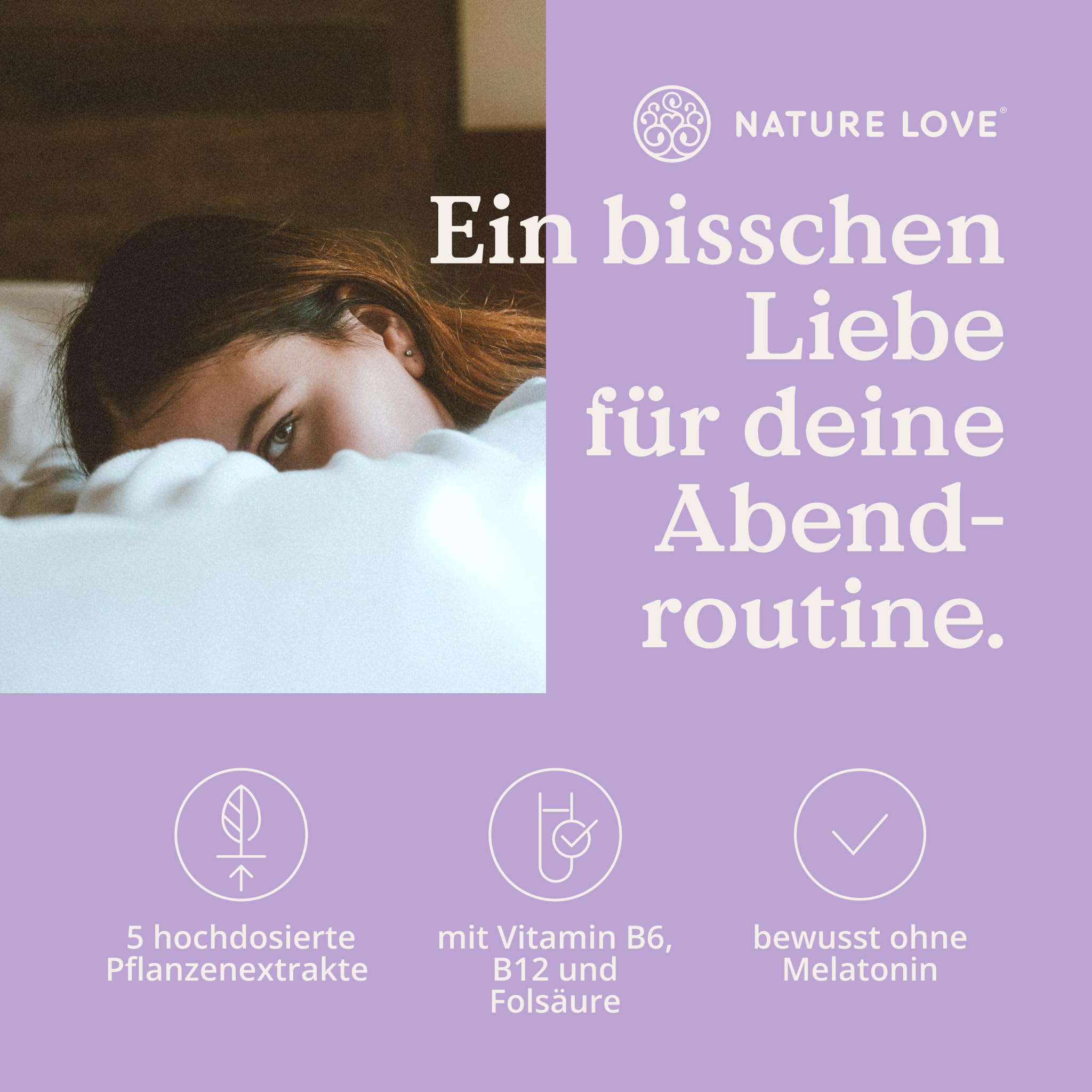 NATURE LOVE® Baldrian Komplex – 90 Kapseln ohne Melatonin – mit Johanniskraut, Passionsblume, Folsäure, Lavendelblüte & B-Vitaminen – vegan