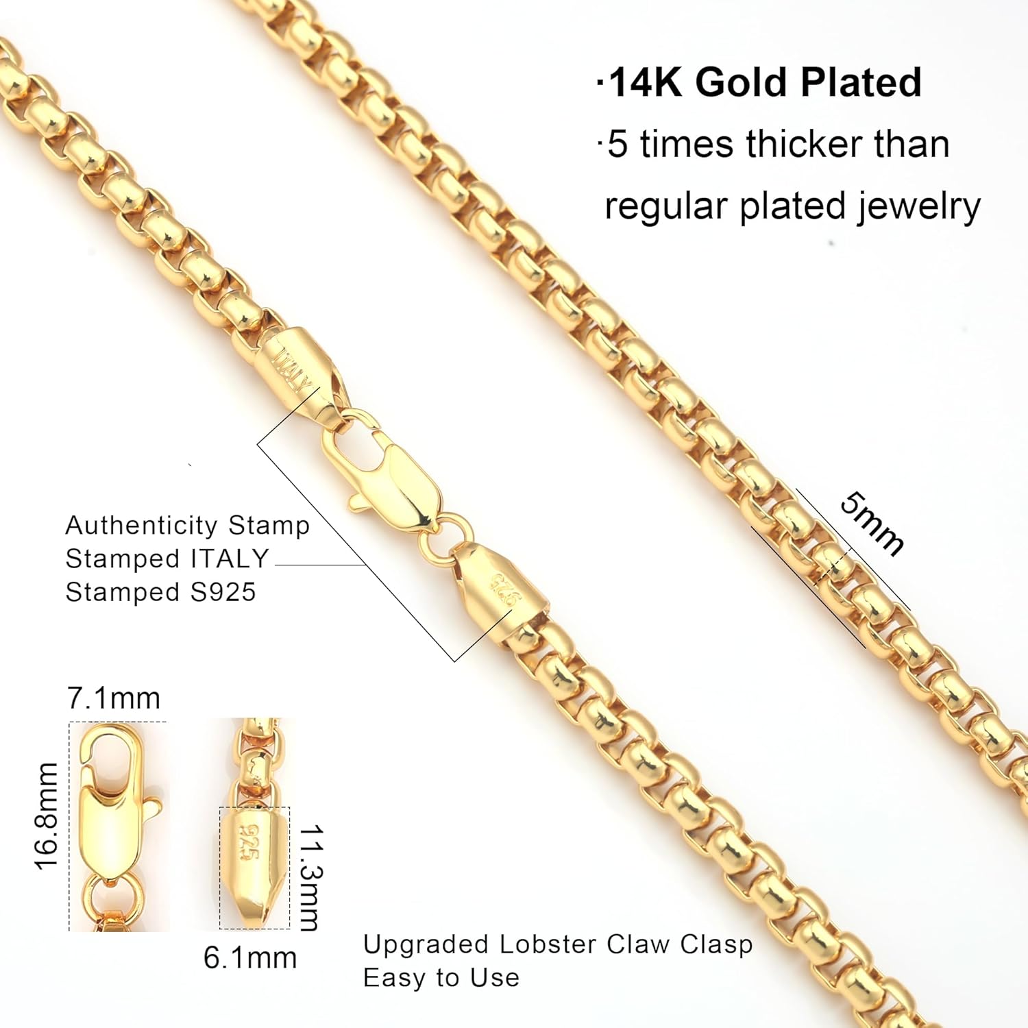 925 Sterling Silver Box Chain Lobster Clasp 2/3/4/5mm Necklace for Women Mens Box Chain Silver/14K Gold Plated Plated Necklace Chain Diamond Cut 16-30 Inches