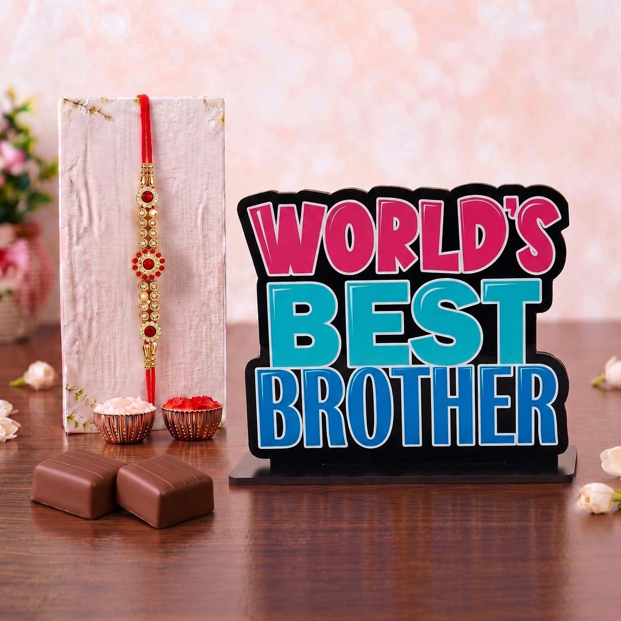 EXPLEASIA Raksha Bandhan Gift Combo for Brother with Designer Rakhi, Brother Showpiece, 2 Chocolates, Roli Chawal | Traditional Rakhi Gift Hamper for Bhai (World Best Brother)-image-47