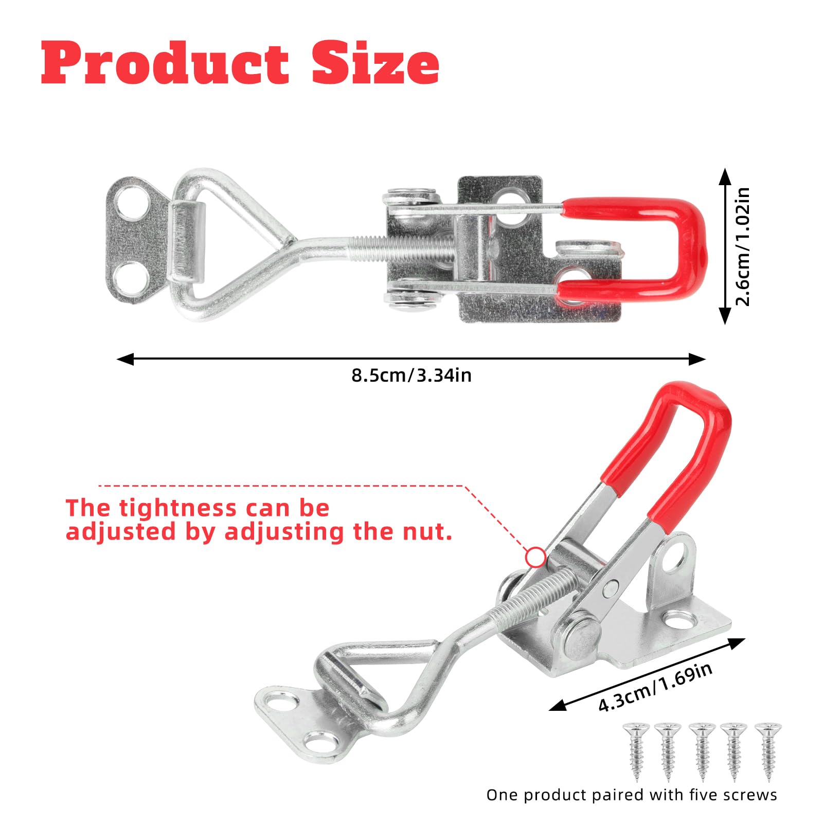 Lot De 4 Loquets à Bascule Métal - Verrous Réglables Pour Armoire, Boîte, Tiroir - Force 100 Kg - Argent Et Rouge
