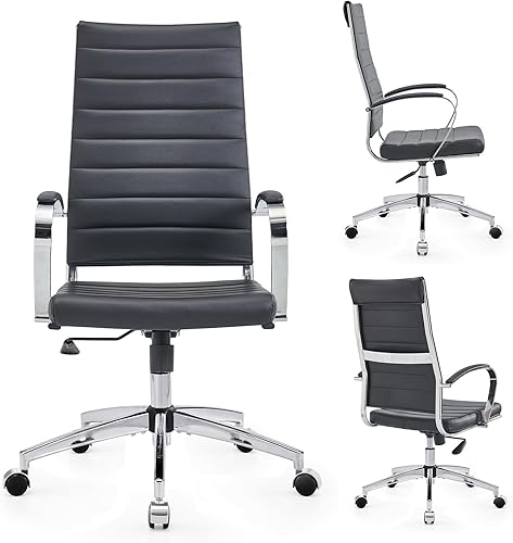 Miniatura 12 de Silla de oficina de cuero negro moderna de mediados de siglo con reposabrazos, silla de escritorio giratoria ajustable para oficina en casa, silla