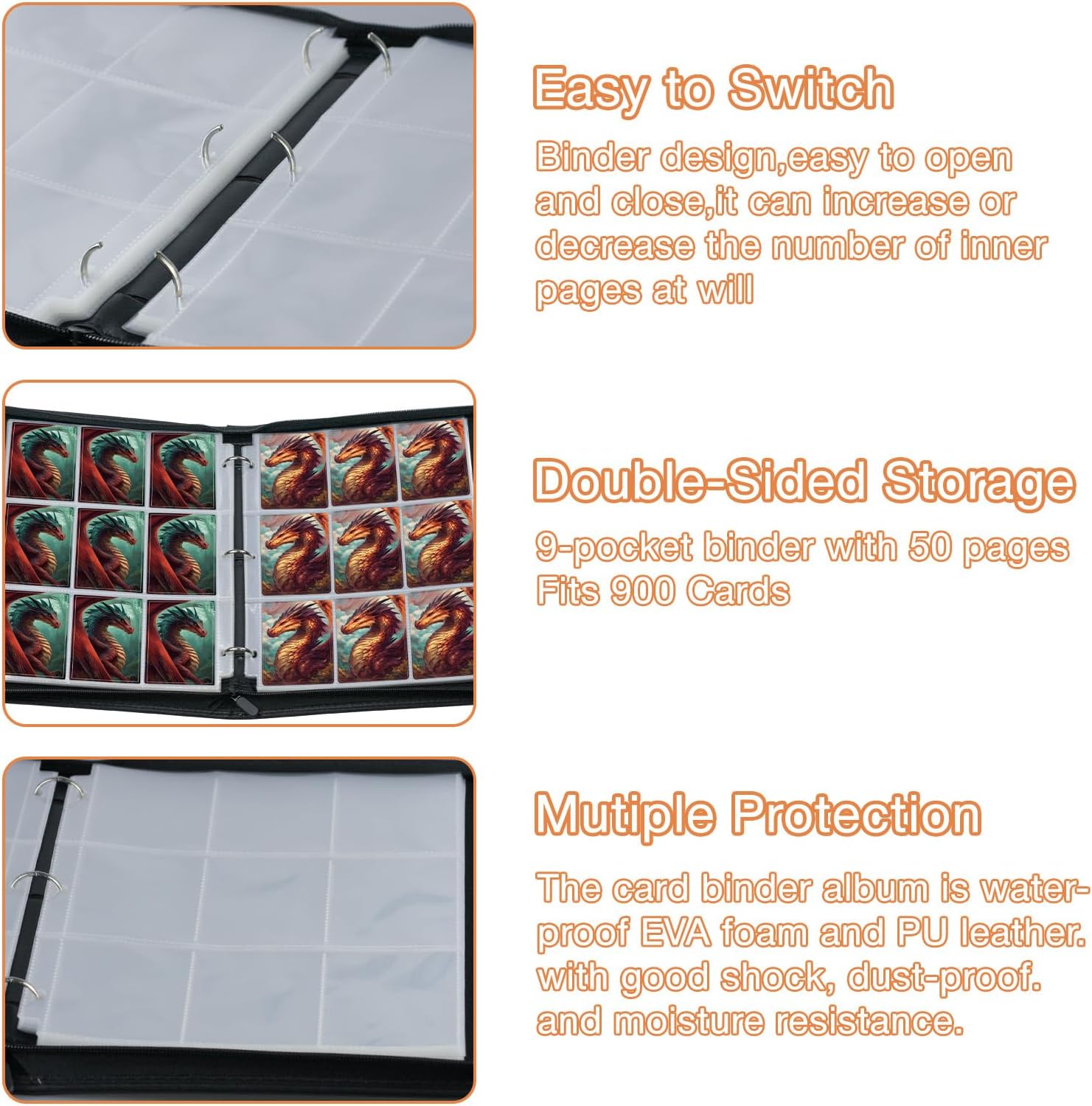 Trading Card Binder 9 Pocket, Fits 900 Cards with 50 Removable Sleeves, Portable TCG Album Folder for Standard Size Game Cards, Sports Card Holder Book for Collectors, Frostwing