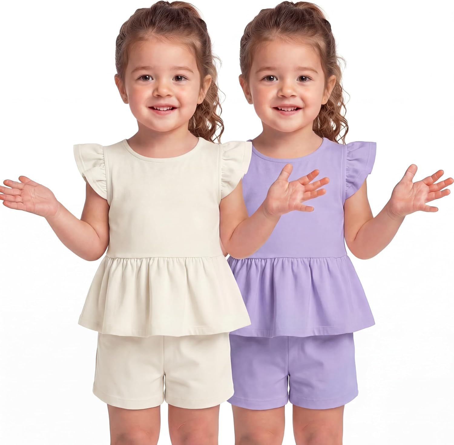Xaatren 2 Pack Toddler Girl Outfits Summer Cute 2 Piece Set Flutter Sleeve Ruffle Tank Top Casual Short for Baby Girl Clothes