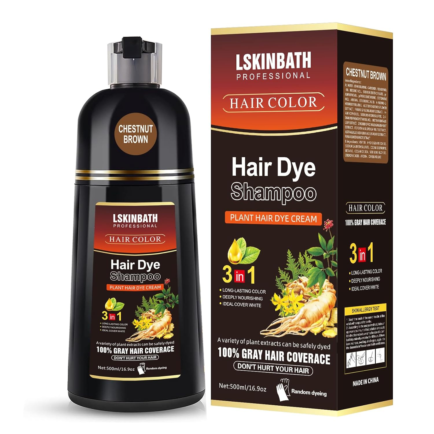 Natural Hair Dye Shampoo, 3-IN-1 Herbal Hair Color Shampoo, Instant Hair Dye for Men Women, 100% Hair Color Coverage for All Hair Types 16.9 Fl Oz 500ml (Linen brown)