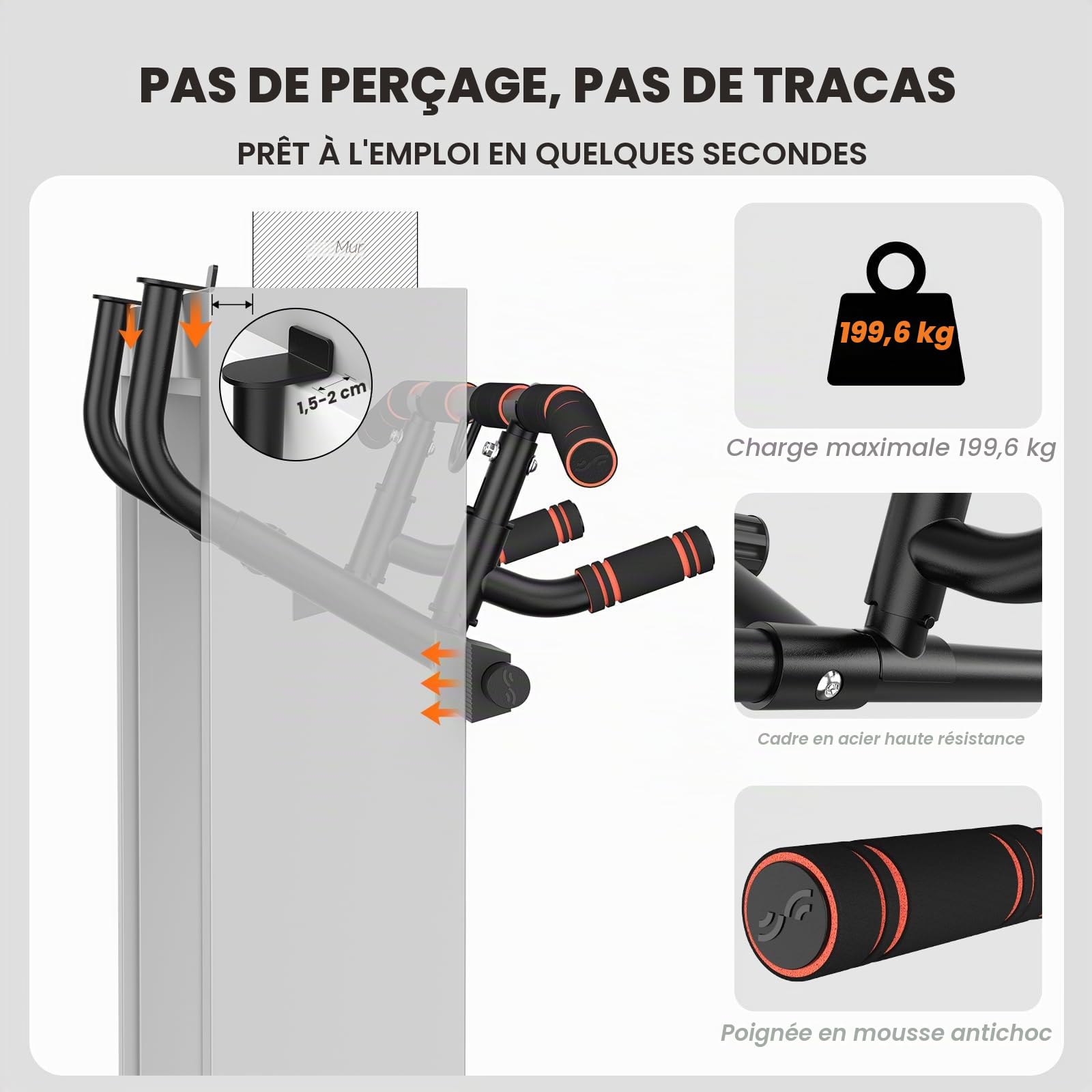 Barre de traction pour cadre de porte Sportneer avec poignée pliable - Barre de traction multi-poignées pour cadre de porte, capacité de charge 200 kg