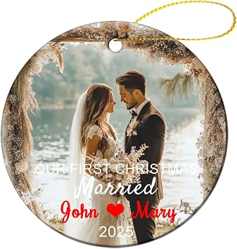 Personalized Our First Christmas Married Ornament with Picture & Names, Custom Name & Photo Married Ornaments Gifts for Newlywed Couple Mr & Mrs 1st Xmas Engaged Ornament Keepsakes Decor