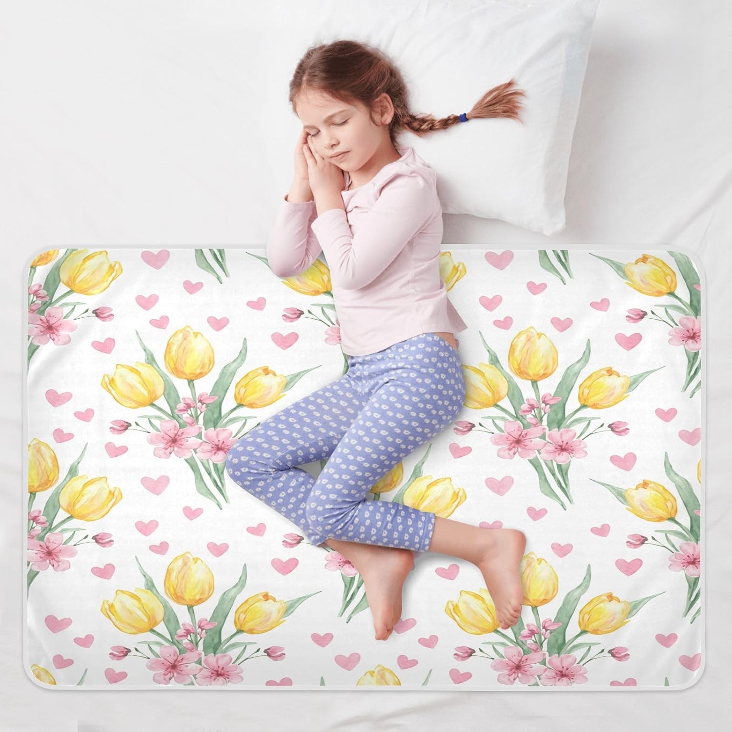 CEBUGI 34” x 52”Washable Underpads Heavy Absorbency Waterproof Incontinence Bed Pads Yellow Tulips Pee Pads for Adults Kids and Baby