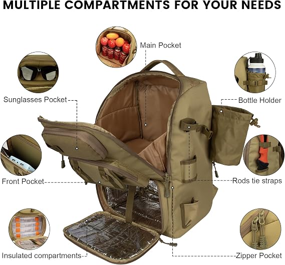 Hp hope Fishing Backpack with Rod Holders and Cooler, 40L Fishing Tackle Bag, Fishing Tackle Backpack, Fishing Gear, Green (Kelly green), 40 litres, Backpack