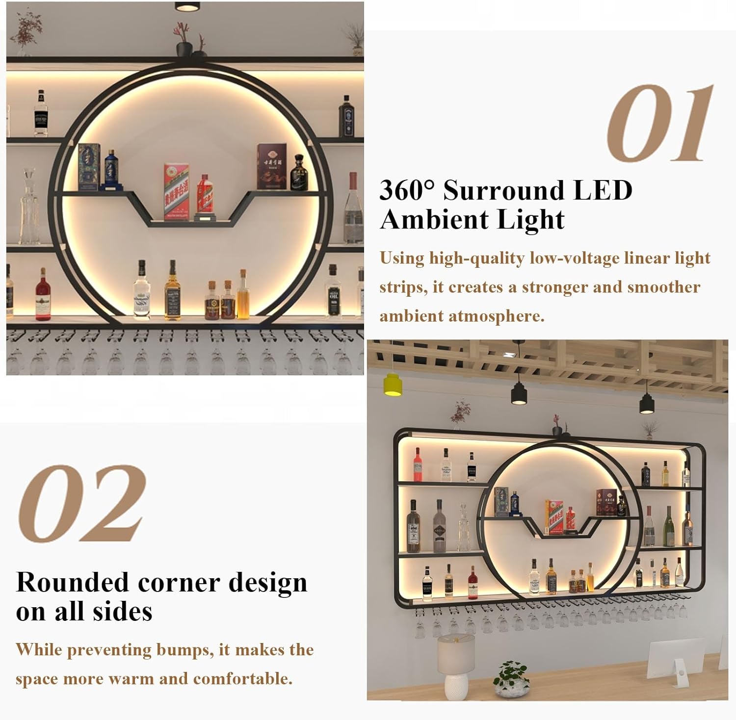 Large Wall Mounted Wine Rack With LED Light,Upgrade Metal Wine Rack Wall Mounted,Bar Unit Floating Shelves Iron Display Stand Wine Holder Large 3-Tier Liquor Bar Display Shelf With Wine Glasses(Black,