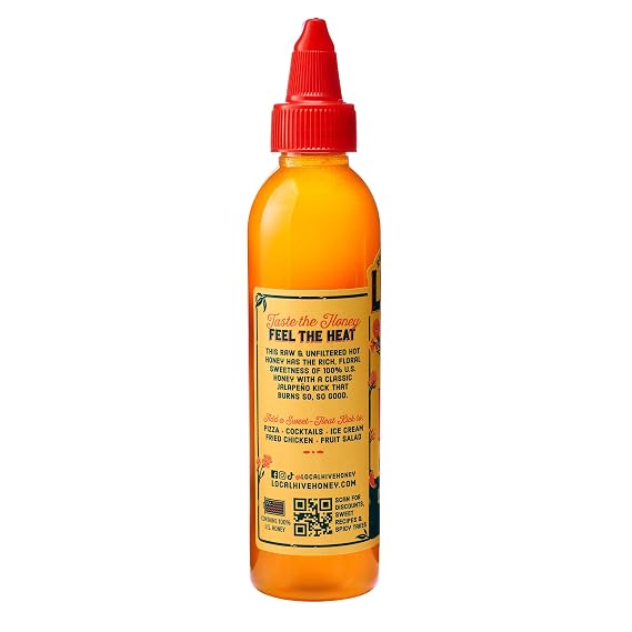 Local Hive Original Hot Honey 9 oz, Sweet & Spicy, Natural Raw Honey with Hot Pepper Blend for Drizzling, Dipping, Tacos, BBQ, Grilling, and Cooking | Raw US honey infused with real peppers, drizzle on pizza, fried chicken, biscuits, cheese boards & charcuterie