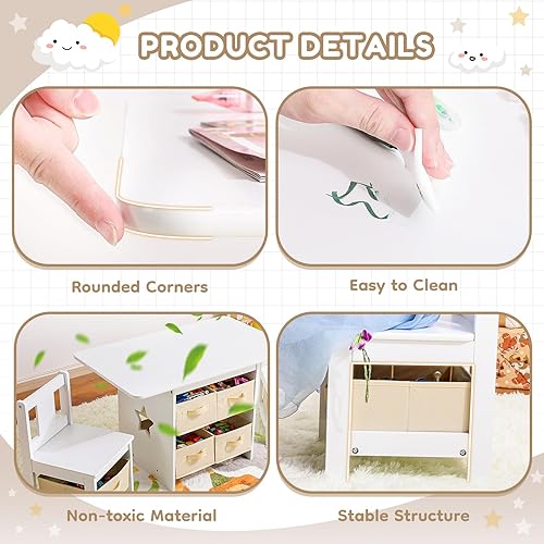 Miniatura 5 de Juego de mesa y silla para niños (2 sillas incluidas), juego de mesa y sillas de madera para niños pequeños con 6 cajas de almacenamiento, muebles