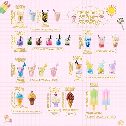 Miniatura 5 de Cheriswelry 54 dijes para botellas de vidrio, de resina, con burbujas, para beber, leche, fruta, té, helado, colgantes con lazo de 0.78 a 1.65