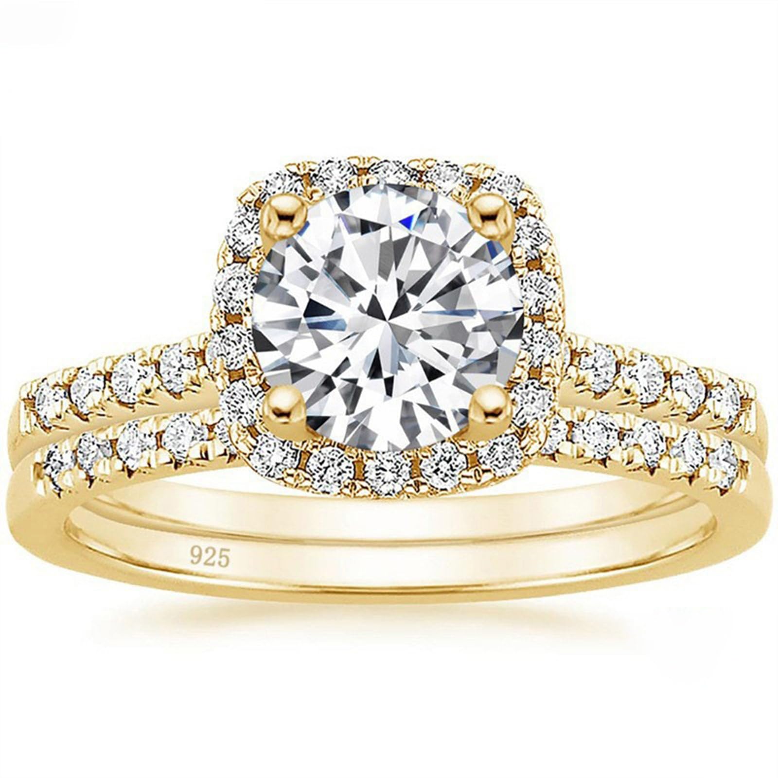 Anello da donna in argento 925 con pavé rotondo e aureola, set di 2 anelli da donna in oro con zirconia cubica da 7 mm