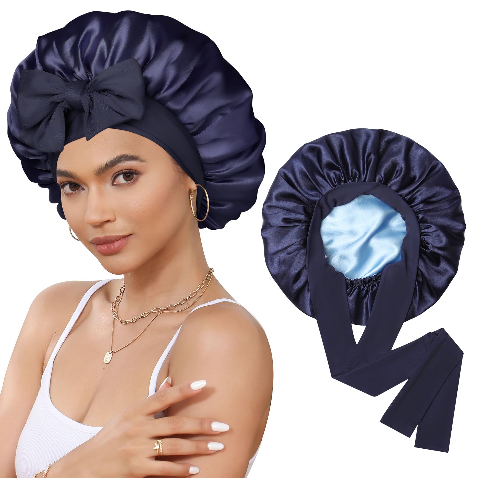 Satin Bonnet Silk Bonnet for Sleeping Silk Sleep Cap Double Layer Hair Bonnet with Elastic Tie Band for Curly Hair Night Cap (Navy Blue + Light Blue)
