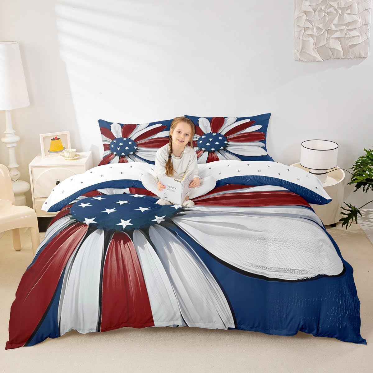 Erosebridal 4th of July Duvet Cover Queen Independence Day Bedding Set for Kids Teens Red Blue White Patriotic Bedspread Cover American Flag Flower Floral Bed Set