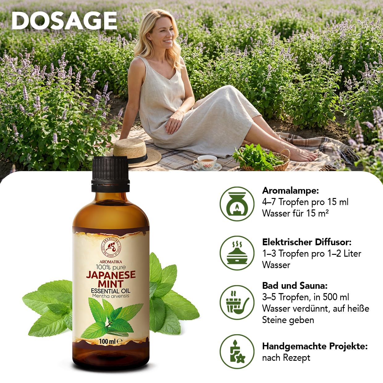 Ätherisches Öl Der Japanischen Minze 2x100 ml - Mentha Arvensis - Reines Ätherisches Minze Öl - für Diffusers und Duftlampen - Frischer Aroma - Minzduft - Aromakerze - Lufterfrischer - Aromatherapie