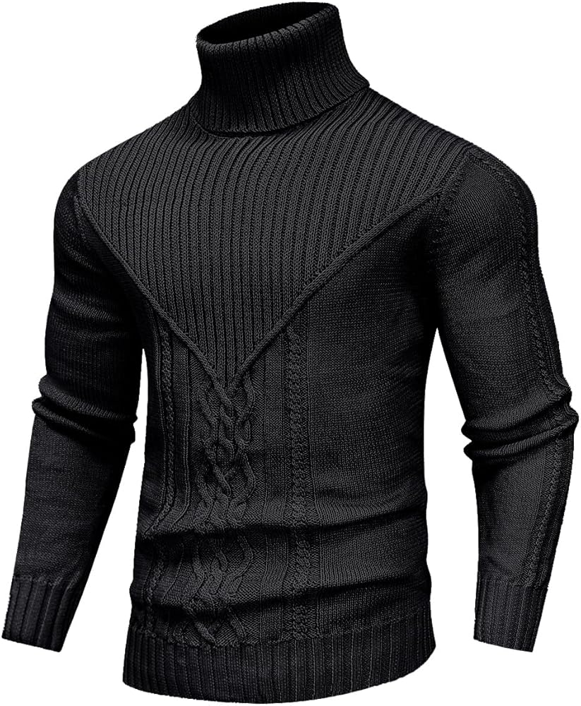 SAVKOOV Men's Turtleneck Sweater Cable Knitted Pullover Sweater