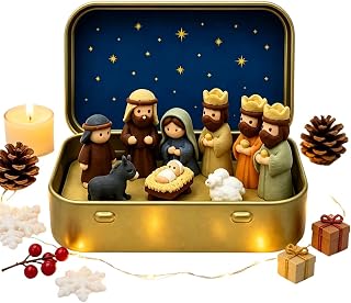 ミニチュアキリスト降誕セット、ブリキの箱に入ったクリスマスフィギュア、小さな子供のおもちゃ, クリスマス、イエスのシーンのフィギュア、ポケットサイズ、