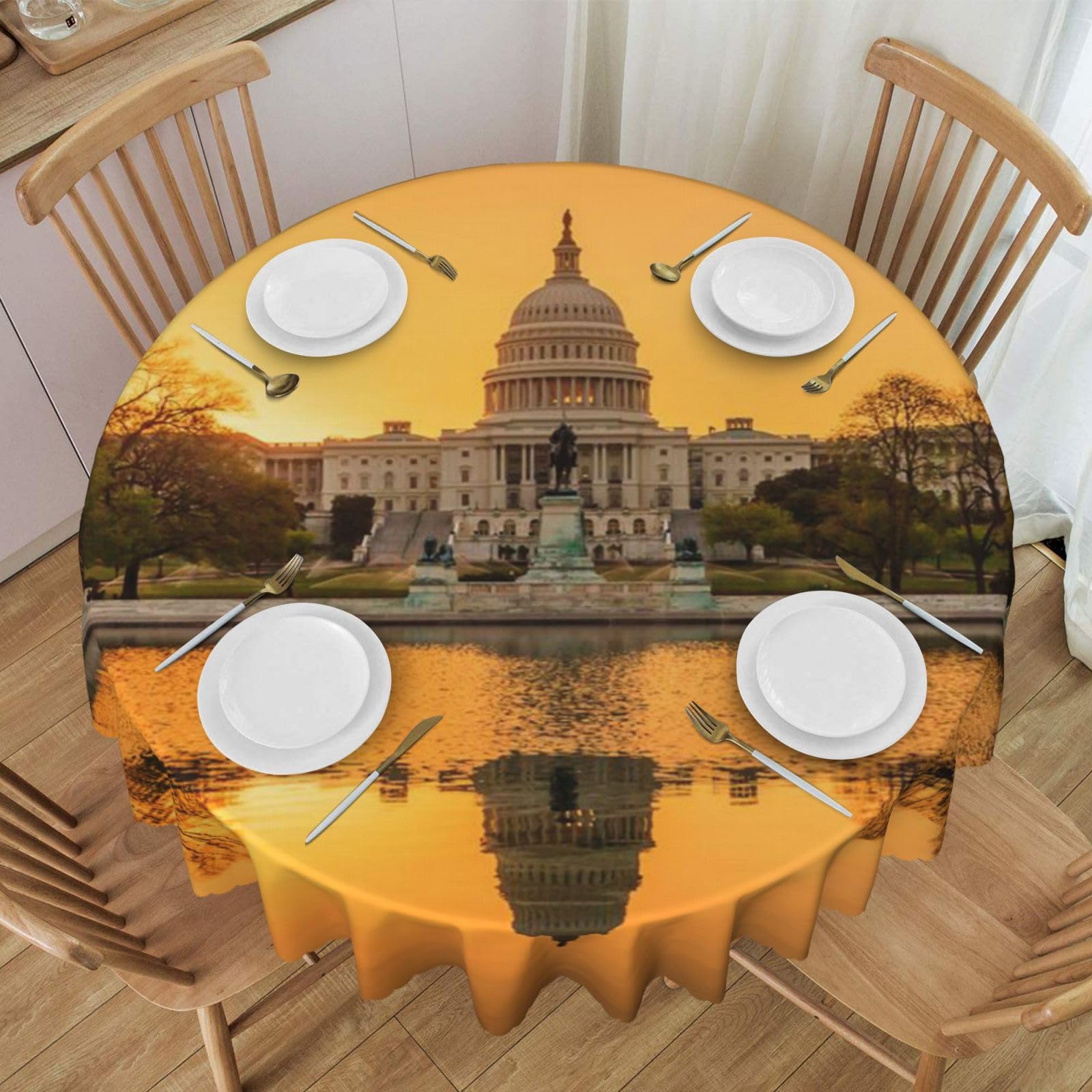 DCEHGEW 60 In Round Tablecloth with Lace, White House Lake View Printed Oilproof & Washable Fabric Picnic Table Cloth Table Covers