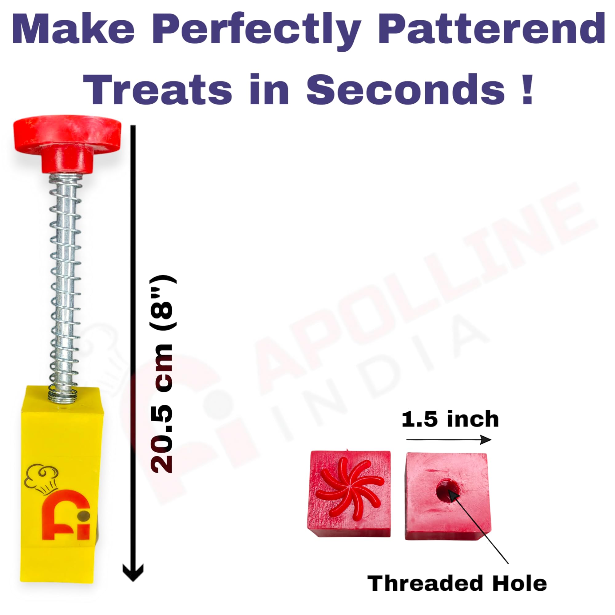 APOLLINE INDIA® Kitchen Equipments 1.5 inch Square Peda Maker Press Stamp Hand Spring Push and Press Stamp Chaap for Mawa Peda Sweets (Pack of 1 with 5 Design)