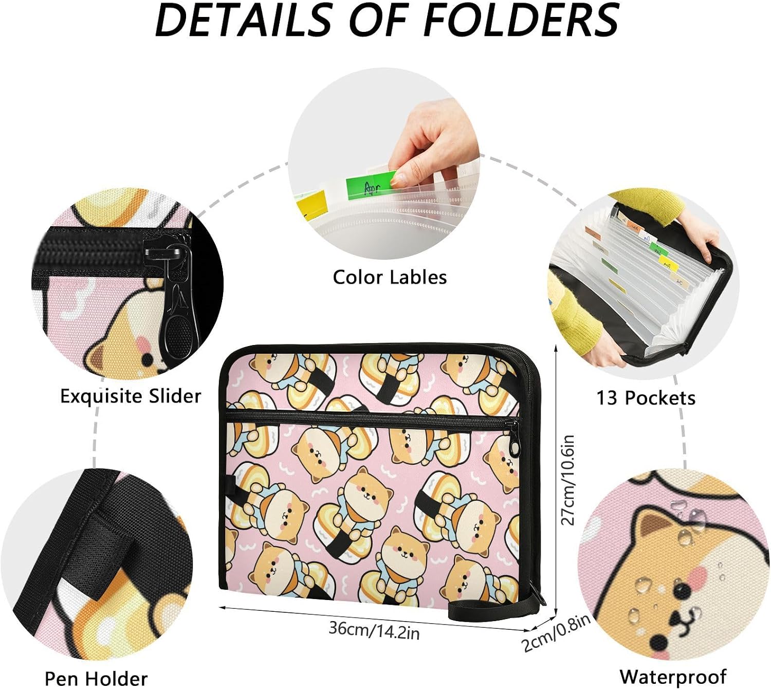 Cute Dog Sushi 13 Pockets Expanding File Folder with Sticky Labels Accordion File Folder Document Organizer Letter Size A4 Papers Expandable File Keeper image 3