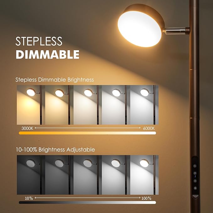 JUNNAI Dimmable LED Floor Lamp with Remote Modern Tall Standing Lamp with 3 Adjustable Heads Light Touch Control 4 Color Temperatures Timer Tree Floor Lamps for Living Room Bedroom Office Reading, Brown photo 3